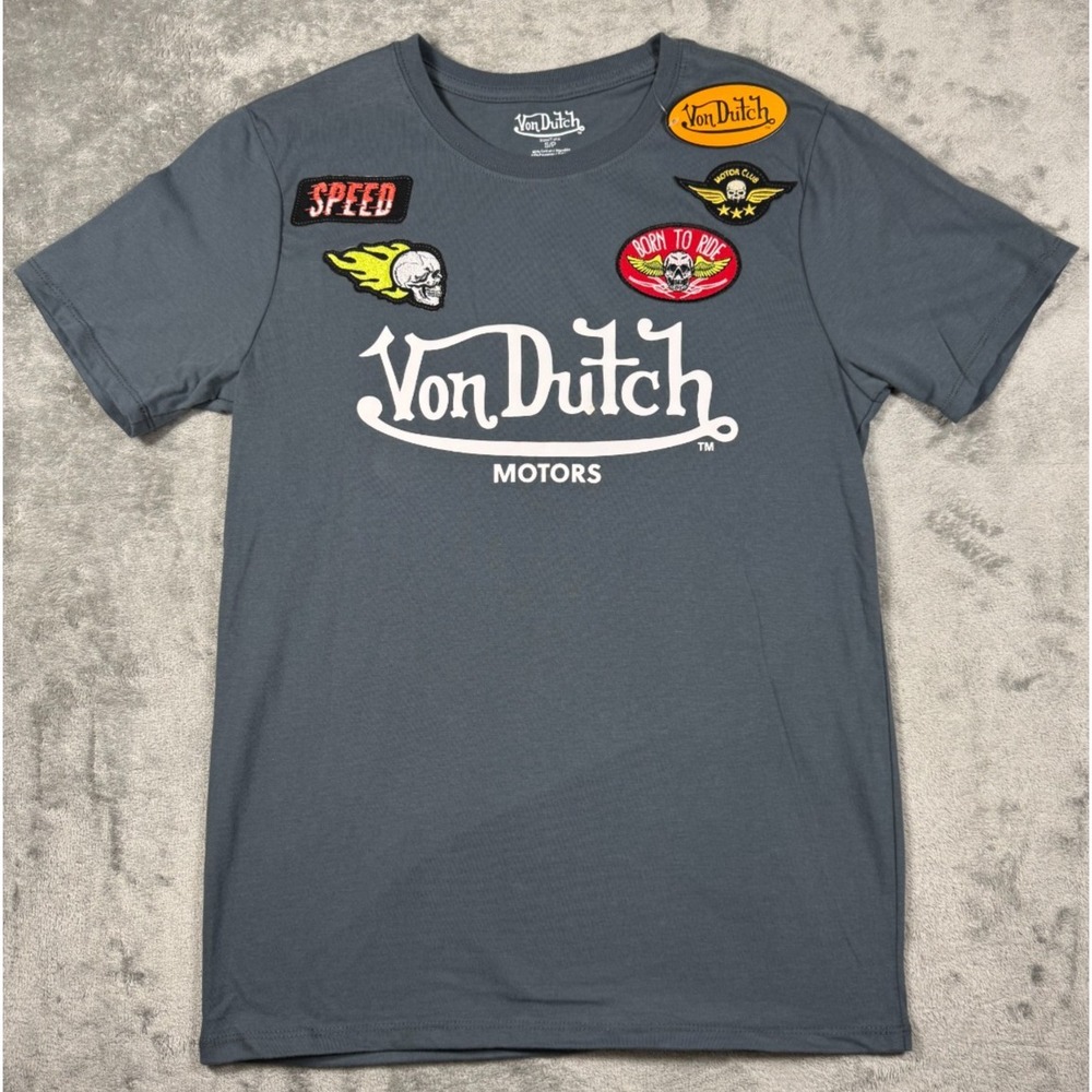 Von Dutch Motors Flying Eye Patch T-Shirt Small Charcoal Grey Y2K Biker Graphic